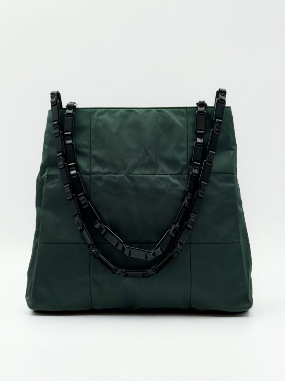 Prada Dark Green Nylon Tote Shoulder Bag Black Chain Strap Vintage